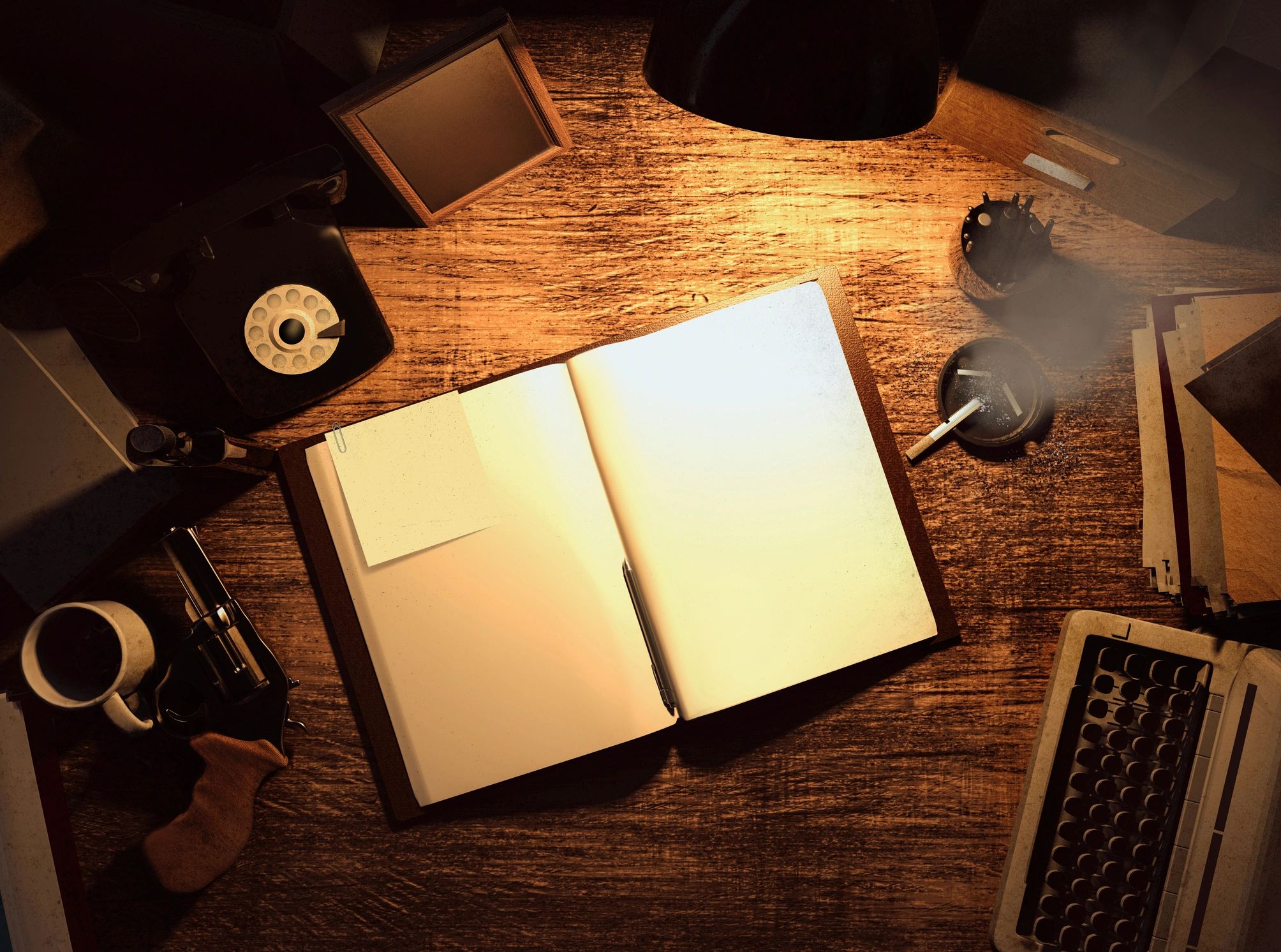 Desktop workspace with open book and tools